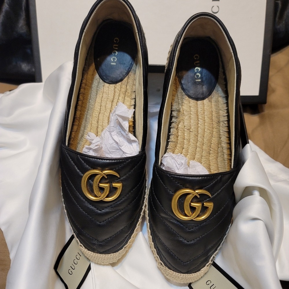 Gucci Quilted Black Espadrille Loafers with Gold Emblem
